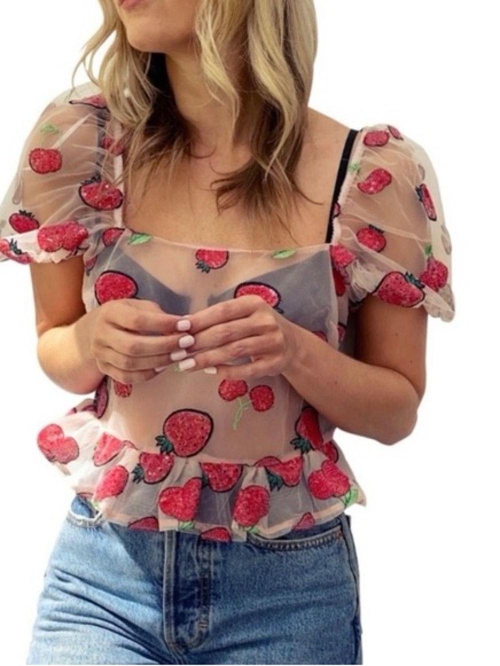 Topshop Strawberry & Cherry Sequin Puff Sleeve Top